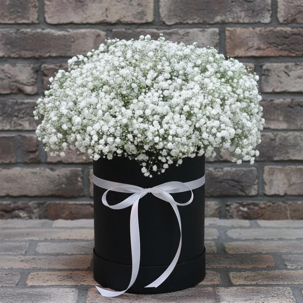 Цветочная композиция из Гипсофила в шляпной коробке в Красногорский Республики Марий Эл