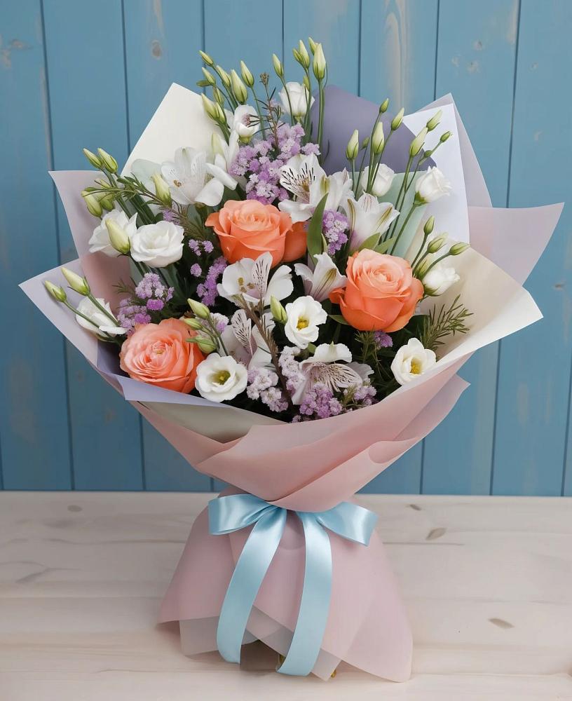 Букет цветов из: Лизиантусы, Розы, Альстромерии и Гипсофила в Красногорский Республики Марий Эл